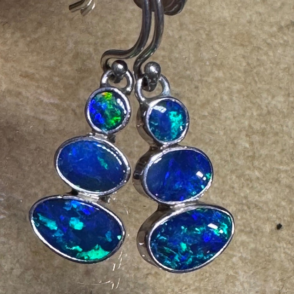 Sterling Silver Blue Fire‎ Opal Graduated Triple Oval Drop Earrings French Hook
